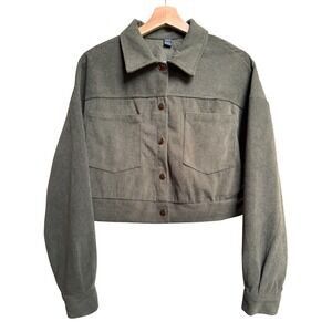 Shein Women's Corduroy Cropped Jacket Medium Collared Olive Army Green Button Up